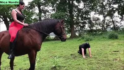 Miss Nica Nordic - After the ride without saddle the slave licks the riding trousers cleanly