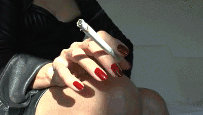 Leather mistress Lady Victoria Valente - beautiful hands, red fingernails, cigarette, close-ups